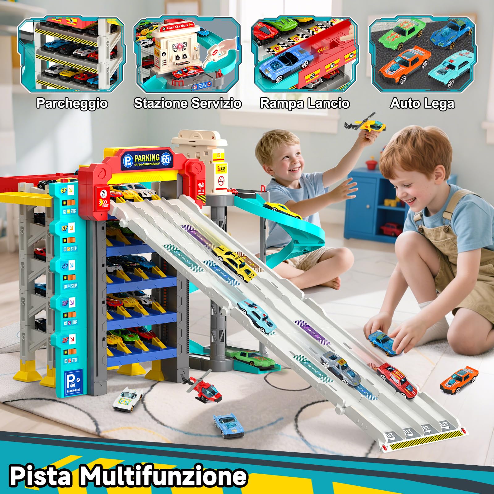 JONRRYIN Macchine Pista Bambini, Piste da Corsa con 5 Piani Garage, Giocattolo Pista Spirale con 12 Auto in Lega e 2 Aereo per Bambin 3+ Anni, Stazione di Servizio con Pompa di Benzina