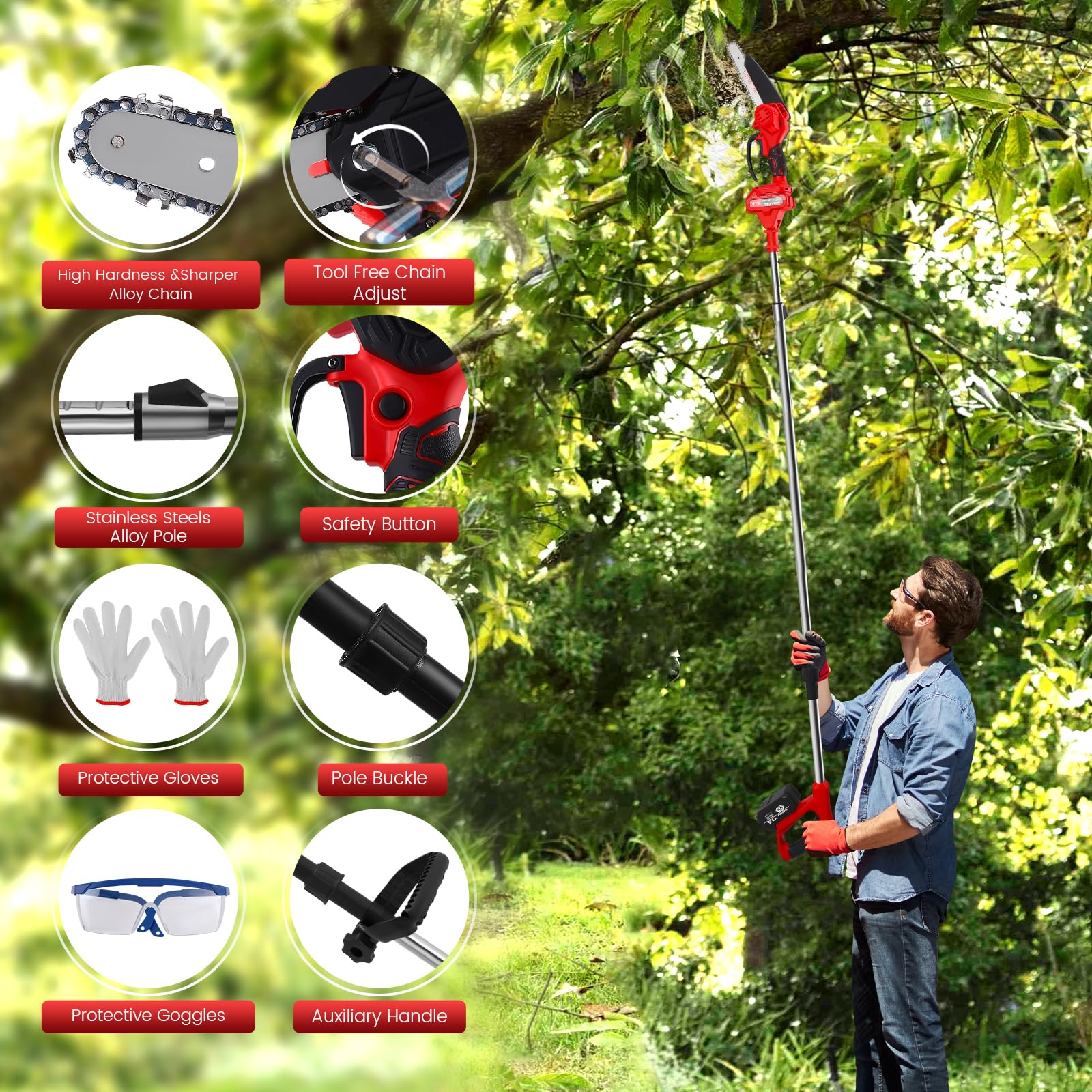 2 en 1 Élagueuse sur Perche sans Fil, 21V Télescopique Élagueur avec 8” Mini Tronçonneuse Électrique, 2 x 3000mAh, 2 Chaînes, 150° Tête Inclinable pour Jardin, Branches, Bois