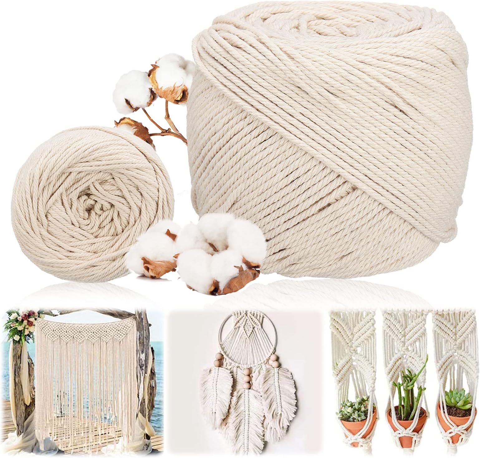Jeteven Macrame 3mm x 180m Cord Natural Macrame Cotton Rope DIY Craft Cord Spool for Wall Hanging Plant Hanger (3mm x 180m)