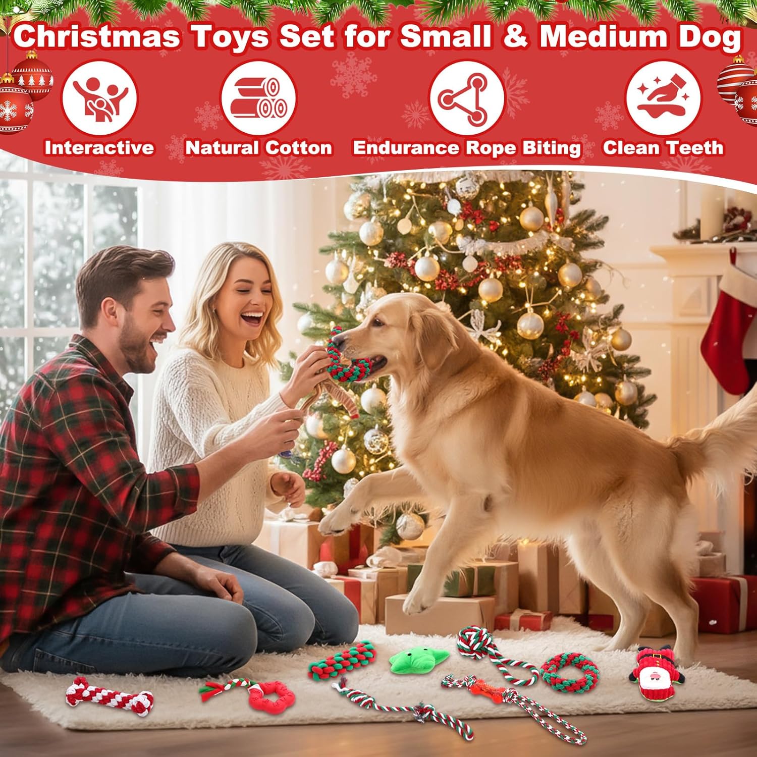 Soulchen 10 Pcs Christmas Dog Rope Toys for Stocking Holiday Puppy Chewing Toy with Santa Plush, Pet Teething Gifts with Red Bag for Small Medium Dog Teeth Cleaning and Interacting Play Games