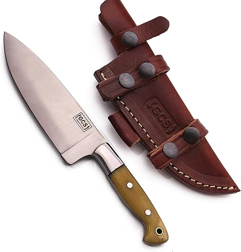 Cuchillo de chef de acero con mango de hueso hecho a mano GCS D2 con funda de cuero, hoja de espiga completa diseñada para caza y EDC GCS 179