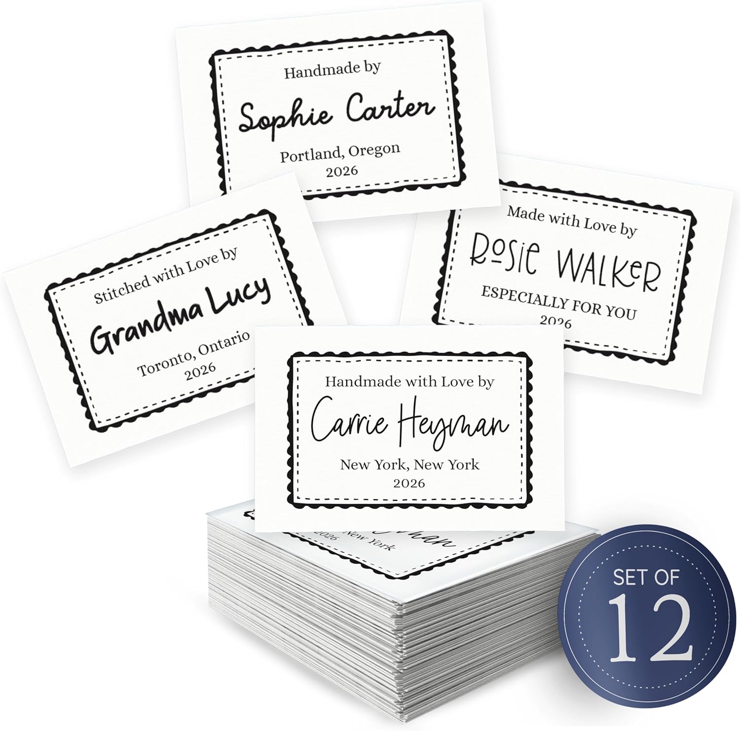 Custom Cotton Fabric Tags 2”x3” Each Personalized Sewing Labels, Set of 12 Labels – Sew On or Iron On – Gift for Quilters, Knitters, and Crafters – Machine Washable Quilt Tags - Classic Blanket