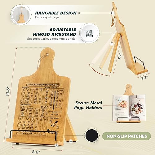 Miniatura 4 de Soporte para libro de cocina, de madera rústica, estilo tabla de cortar, soporte ajustable para libros de recetas para iPad y soporte para cocina