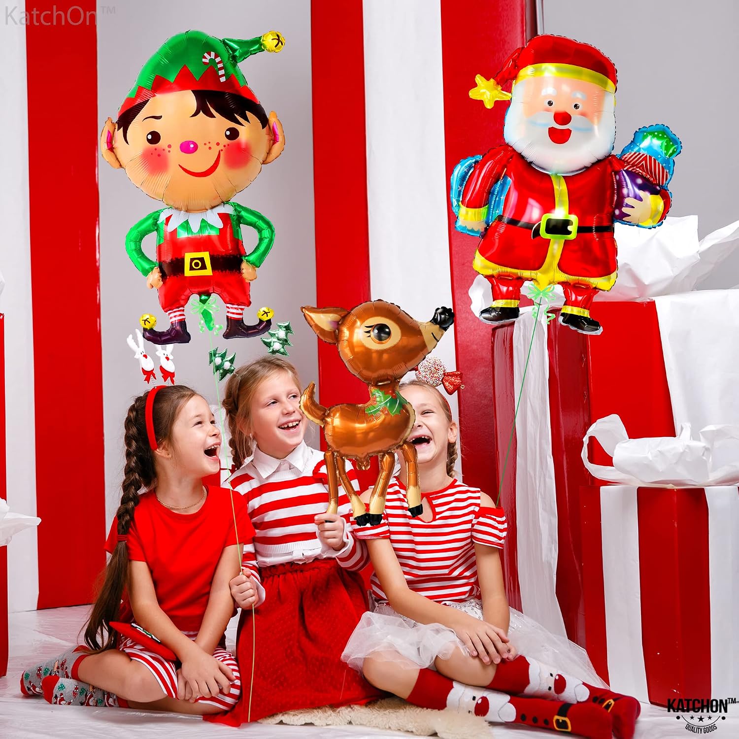 KatchOn, Large Merry Christmas Balloons Decorations - Pack of 3 | Outdoor Christmas Decorations Indoor | Santa Balloon | Elf Foil Balloons for Holiday Decor