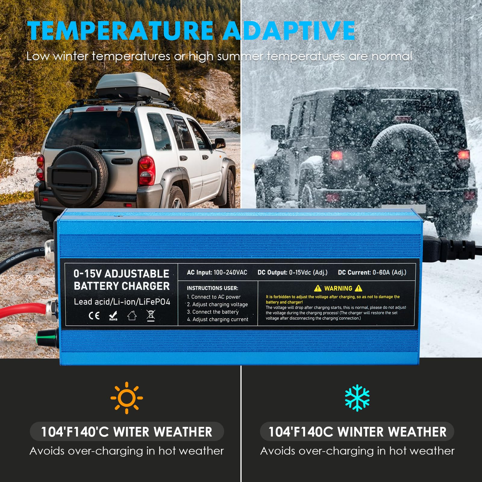 60A High Power Adjustable LiFePO4 Battery Charger, 0-15V Voltage/Current Regulation, LiFePO4 Battery Trickle Charger, Battery Maintainer, for 12.6V and 14.6V LiFePO4 Batteries, Supports Fast Charging