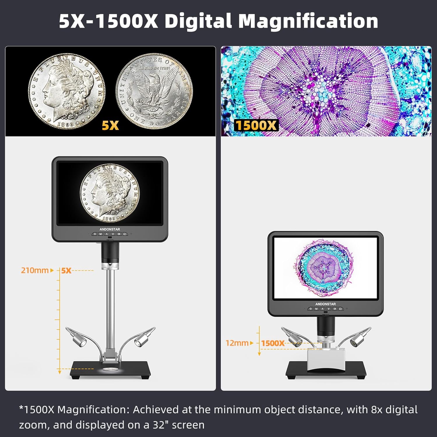 Andonstar 4K 30FPS Digital Microscope with 10.1" Screen, 3840P UHD Video Audio, Pro Boom Arm Stand for Soldering, Electronics Repair, Coin, AD208S-Pro HDMI Electronic Microscope for Adults, 64GB