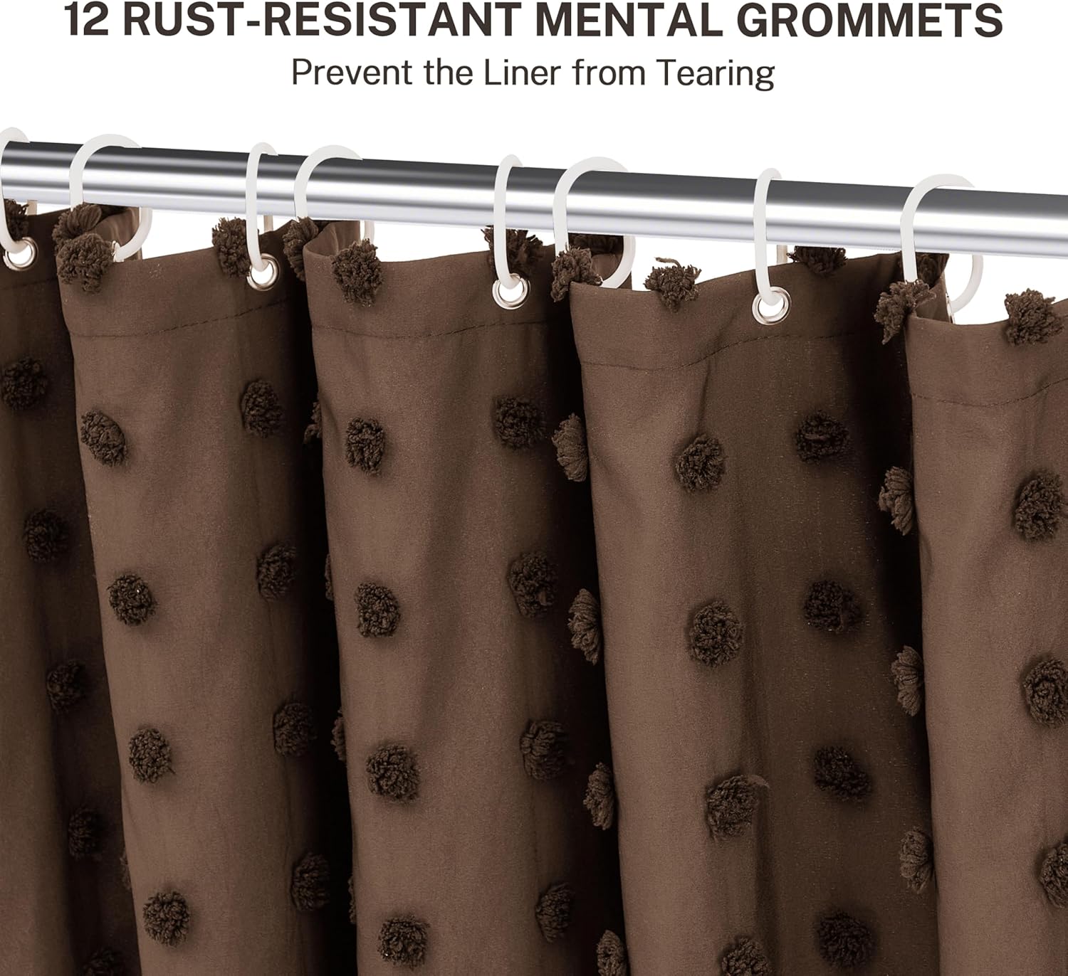 Brown Boho Farmhouse Shower Curtain Woven Fabric Shower Curtain, 72 x 90 Pleat Floral Puffs Tufted Textured Modern Farmhouse Minimalist Shower Curtain Set for Bathroom