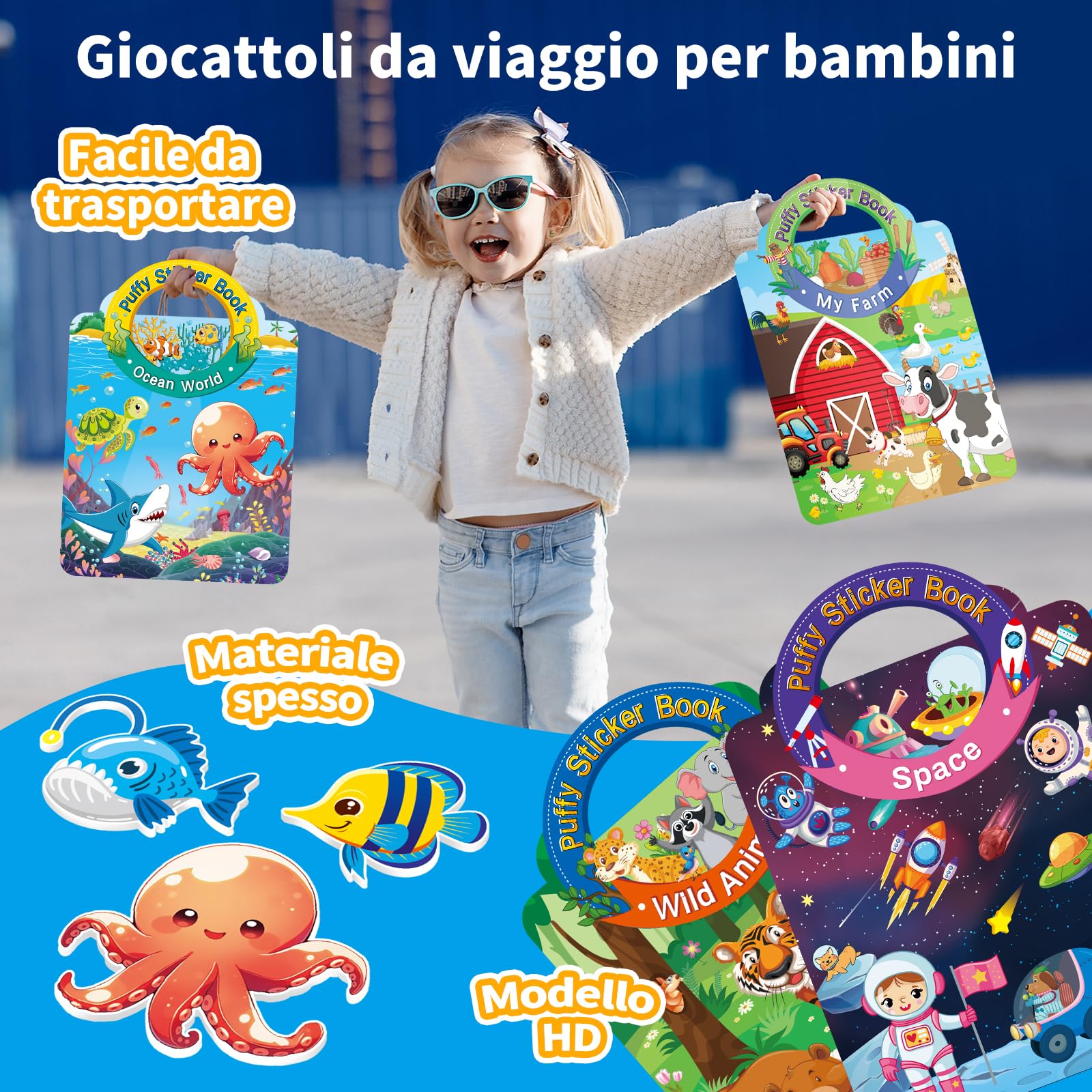 Elfew 6 Pezzi 3D Riutilizzabile Stickers, Libro Adesivi Attacca e Stacca Bambini 2 3 4 5 6 Anni,Libri Stickers Adesivi Bambin, Giochi da Viaggio Bambini 2 Anni