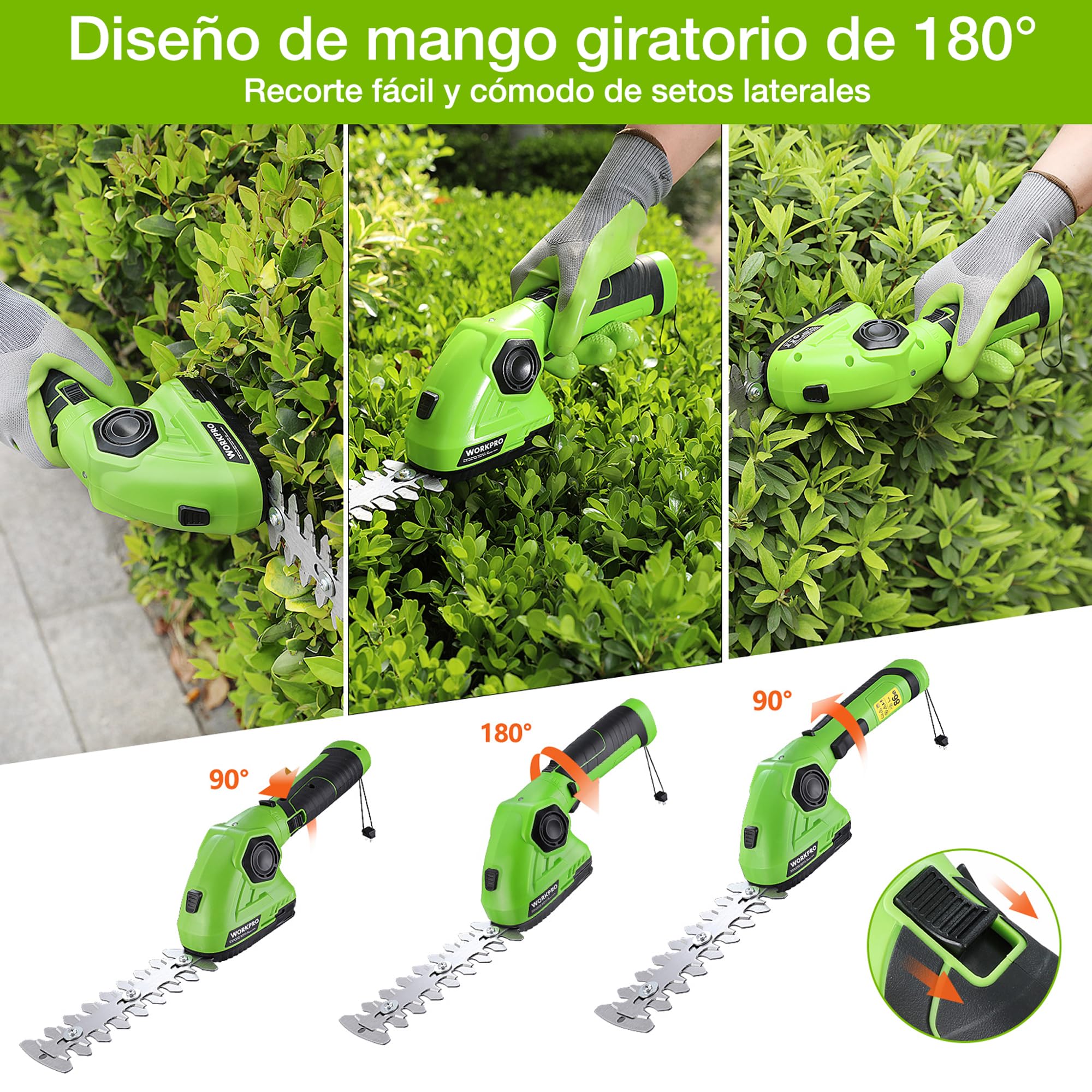 WORKPRO 2 en 1 Tijera Cortacésped y Arreglasetos, 7,2V Tijeras Cortacésped a Batería de 2Ah, 2 Cuchillas, Tijeras Arreglaseto, Ancho de Corte 97 mm, Largo de Corte 140 mm, Herramienta para Jardín