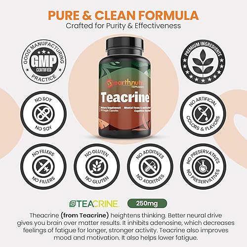 Miniatura 3 de EarthNutri Teacrine Energy and Focus Suplemento  Sin gluten ni aditivos  1 cápsula diaria  Cápsula vegetal para mejorar el estado de alerta y