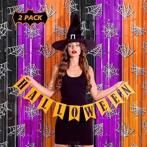 Miniatura 2 de Mega-L - Decoraciones de fiesta de Halloween, paquete de 2 cortinas de flecos de tela de araña naranja, morado y negro, 3.3 x 6.6 pies para cabina