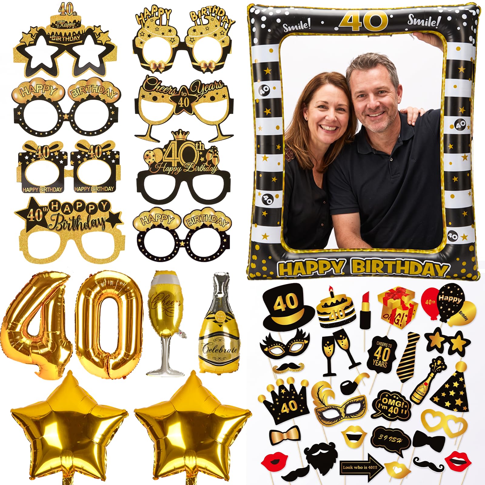 40th Birthday Decorations for Men & Women, Inflatable Frame and 45 Props