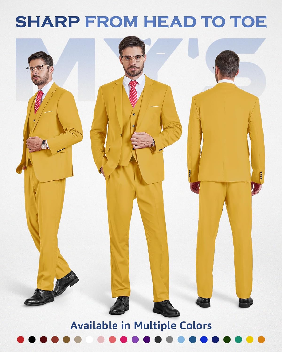 MY'S Men's 3 Piece Slim Fit Suit Set, One Button Solid Jacket Vest Pants... - Picture 122 of 138