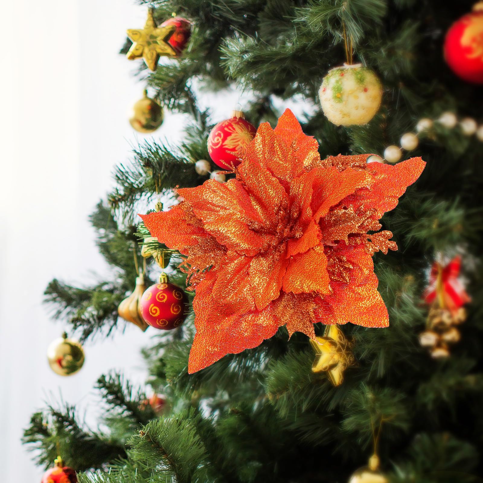 Toddmomy 6pcs Artificial Poinsettia Flower Simulated Wreath Flowers Decorative Floral Accessories Christmas Tree Ornaments for Home Party (Orange) - Image 4