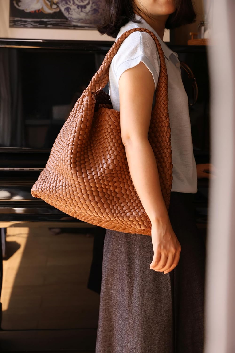 Woven Tote Bag For Women,Large Vegan Leather Handbag,Summer Beach Travel Handbag