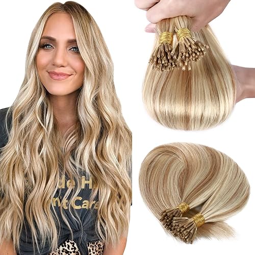 Hairro I Tip Hair Extensions Human Hair Blonde Pre Bonded Keratin Cold Fusion I Tip Real Remy Human Hair Extension For Women 50 Strands 50G/Pack (22Inch, Mixed Camel Blonde)