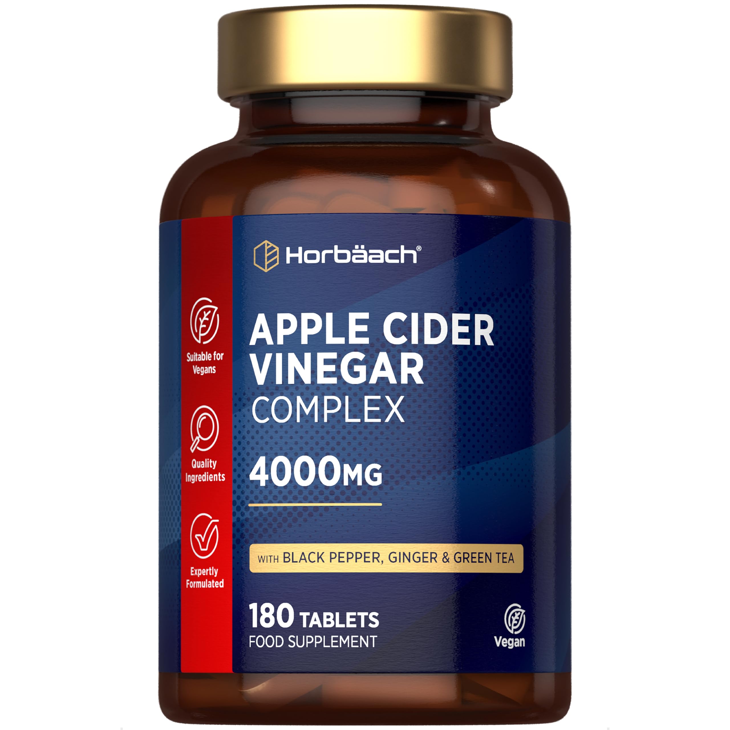 Ocet Jabłkowy 4000 mg | Kompleks z Czarnym Pieprzem, Imbirem i Zieloną Herbatą | 180 Tabletek ACV (Apple Cider Vinegar) | Wysoka Moc | 100% Wegański | marki Horbaach