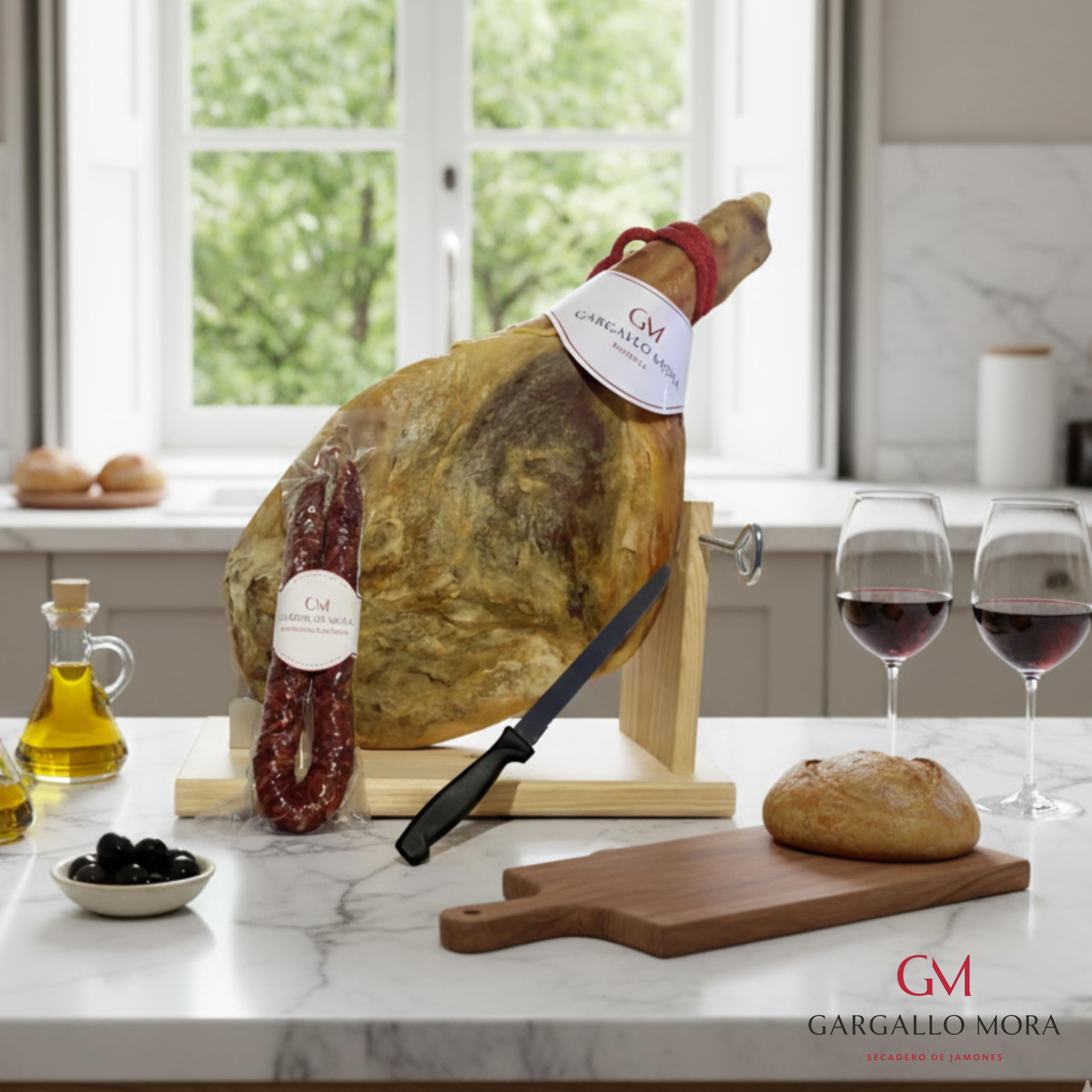 Jamón Reserva sin pata entero 7,5 kg - Elaborado a partir de cerdo Duroc - jamón reserva curado de manera natural durante más de 18 meses. + longaniza de Aragon + jamonero + cuchillo