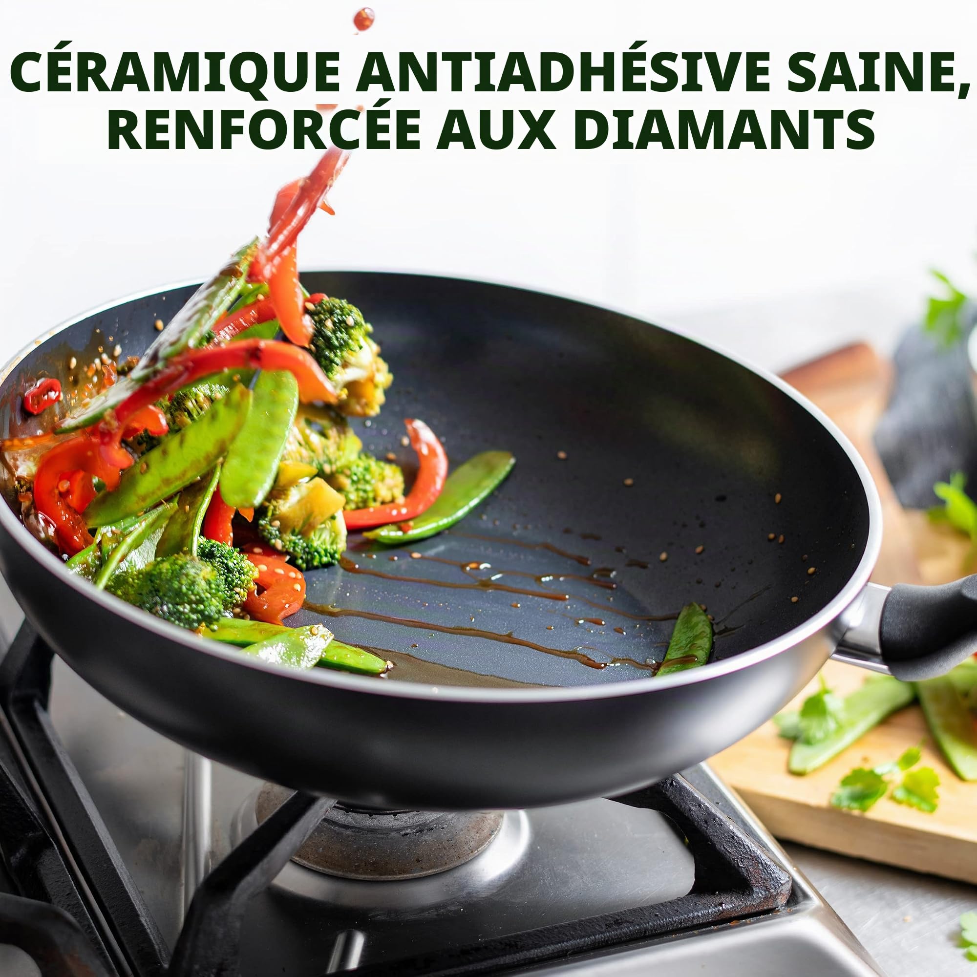 GreenPan Memphis Poêle Wok 30cm/3.6 Litre en céramique antiadhésive, Sans PFAS, Induction, Lavable au lave-vaisselle, Noir