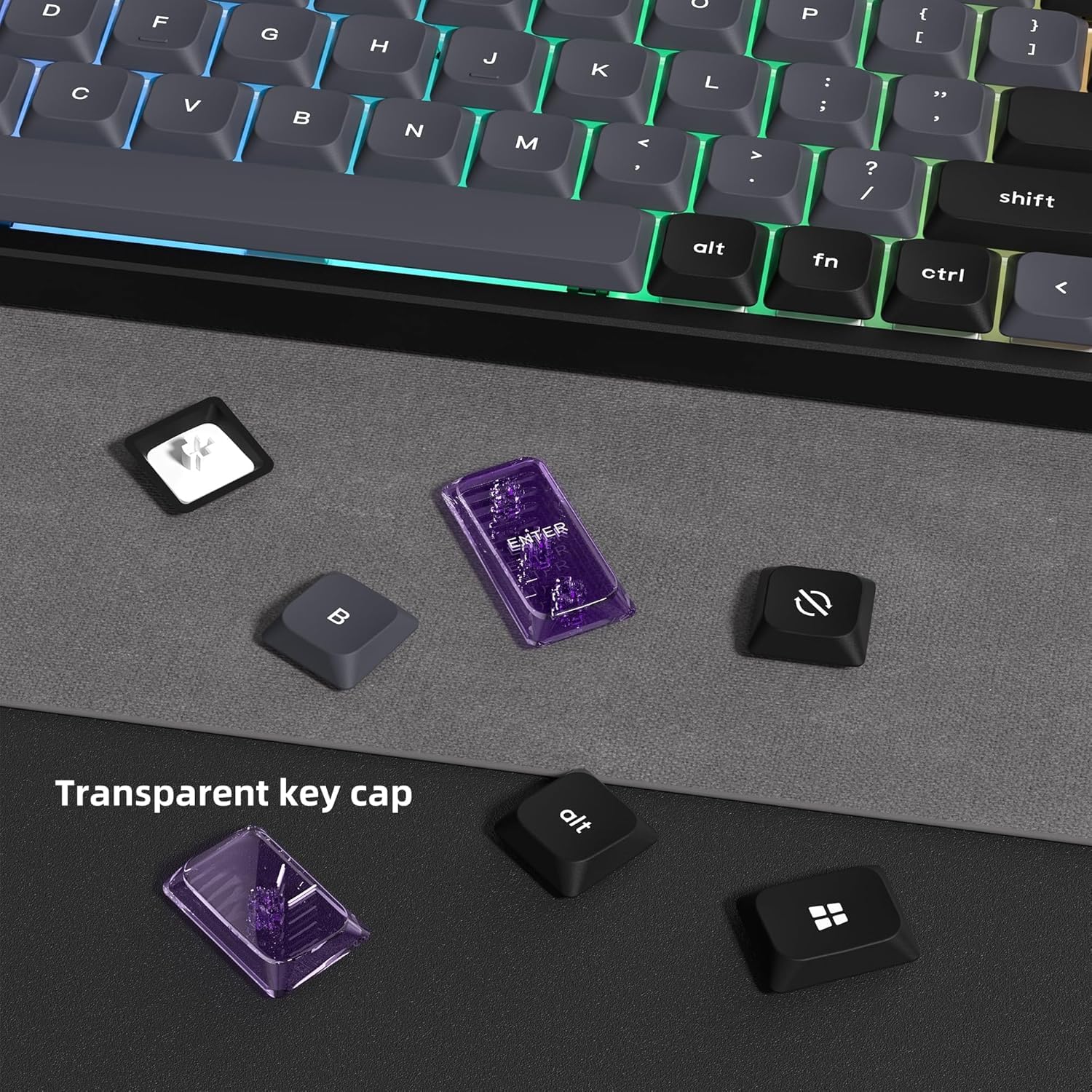 Low Profile Keycaps, Double Shot PBT Touches 60 75 100%, PC Transparent Gris foncé/Violet pour la Plupart des commutateurs MX Clavier mécanique (Touches Uniquement)