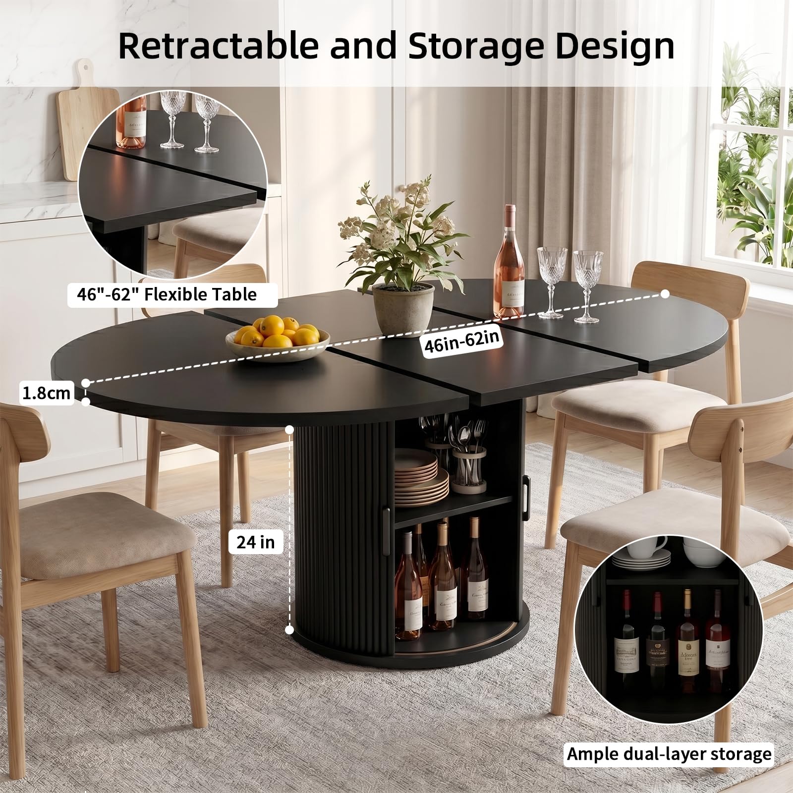 Tavolo da pranzo rotondo allungabile nero per 4-8 persone, 118-158 cm: tavolo da cucina salvaspazio con portabottiglie e base a piedistallo, facile da montare