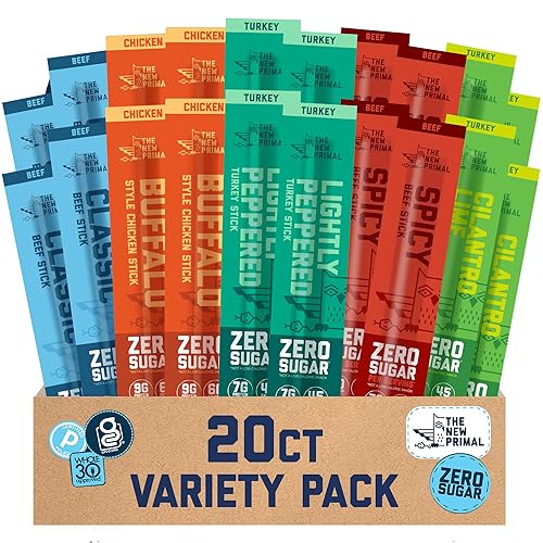 New Primal - Muestra de palitos de carne, carne de res alimentada con pasto, pavo y pollo totalmente naturales, keto, bocadillos saludables sin