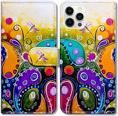 Funda para iPhone 14 Pro Max, colorida libélula de cuero con tapa para teléfono con ranura para tarjetas, soporte para iPhone 14 Pro Max