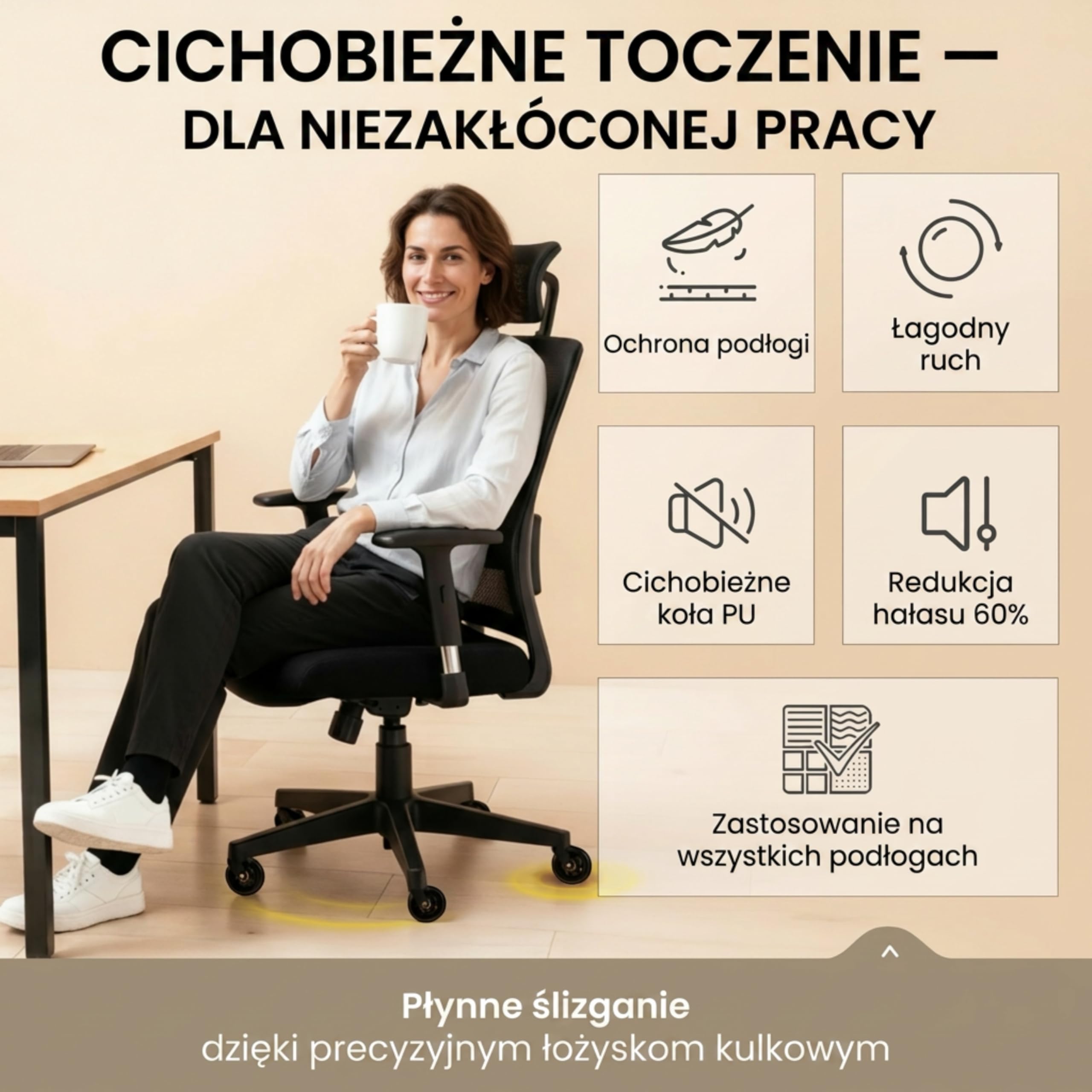 Kółka zamienne do krzesła biurowego, do parkietu, dywanu, twardej podłogi 10x22 mm kompatybilne z IKEA czarne – maks. obciążenie 400 kg – Invictus ProGlide zestaw 5 kółek