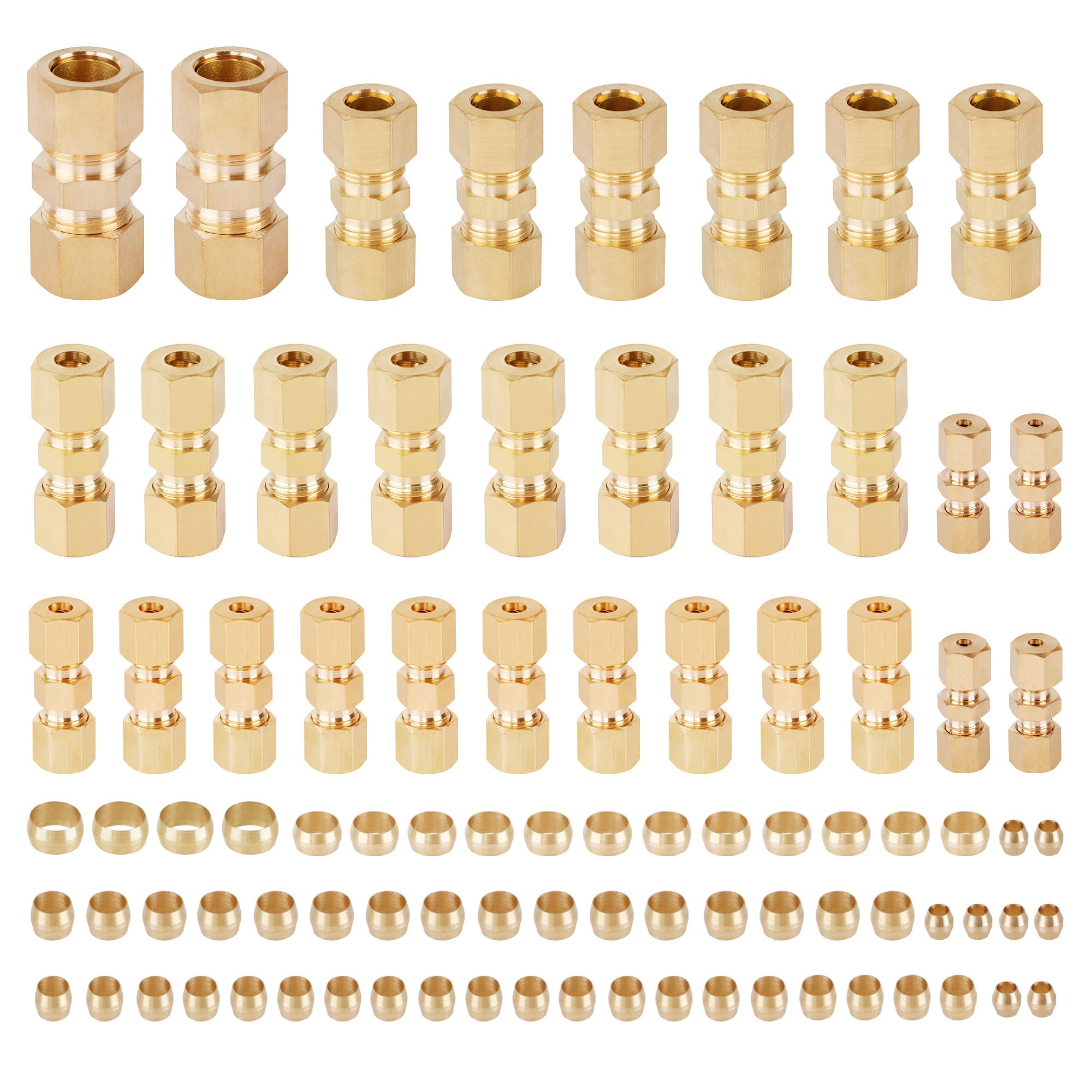 HASAOMOI 90PCS Brass Tube Pipe Fittings Kit, Nylon Tubing Fittings Assortment 1/8" 3/16" 1/4" 3/8" 1/2" OD Compression Union Straight Connector &