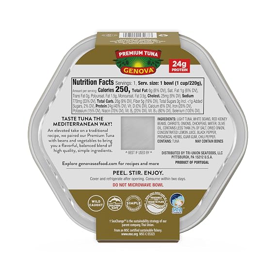 Genova Premium Tuna Mediterranean Bean Salad, 7.76 Ounce Bowls (Pack of 6), Ready to Eat