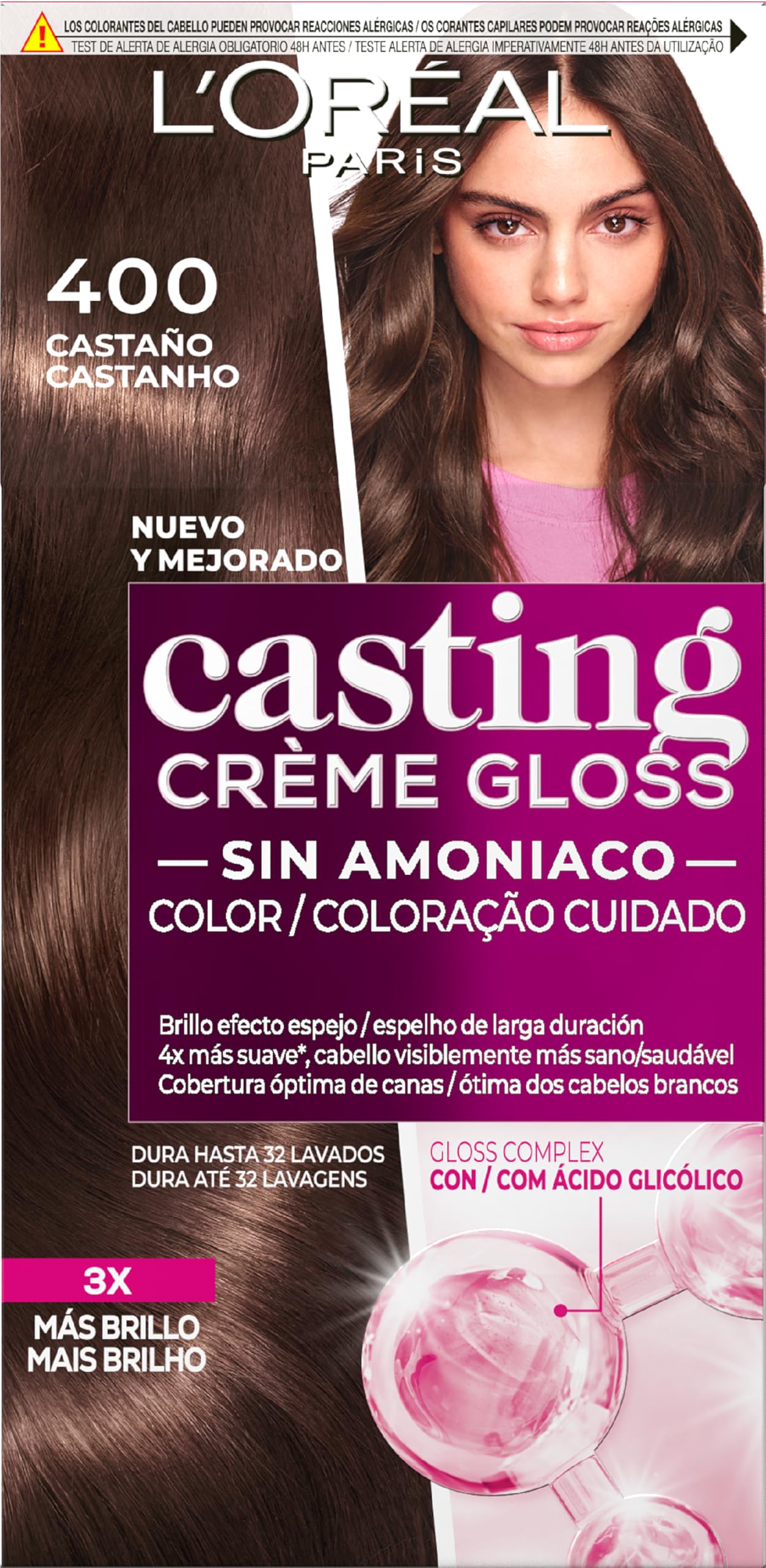 L'Oreal Paris Casting Creme Gloss Coloración sin Amoniaco, Tono 400, Castaño, 1 Unidad, El embalaje puede variar
