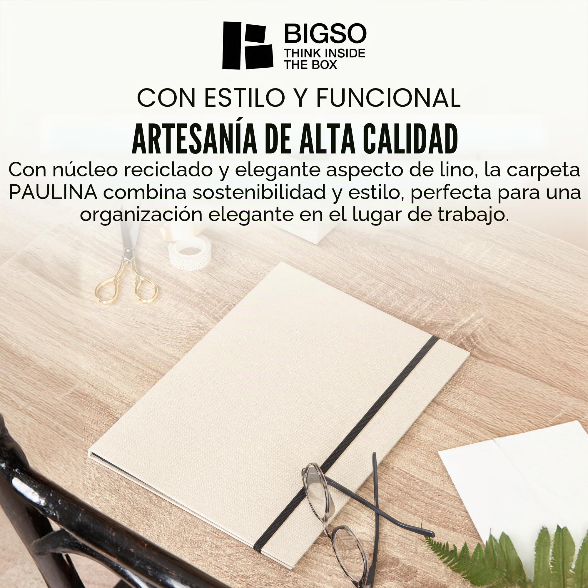 BIGSO PAULINA Carpeta A4 con banda elástica, cartón y papel lino, para documentos y archivos, color beige