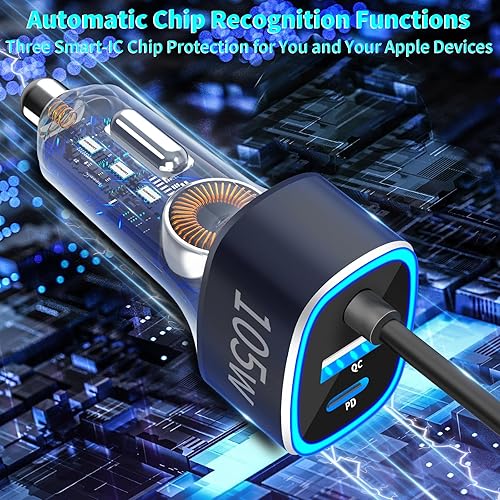 Miniatura 4 de Apple MFi Certified iPhone Car Charger Fast Charging, GODMADES 105W USB-C Power 3-Ports PD&QC3.0 Type-C Rapid Car Charger with 6FT Coiled Lightning