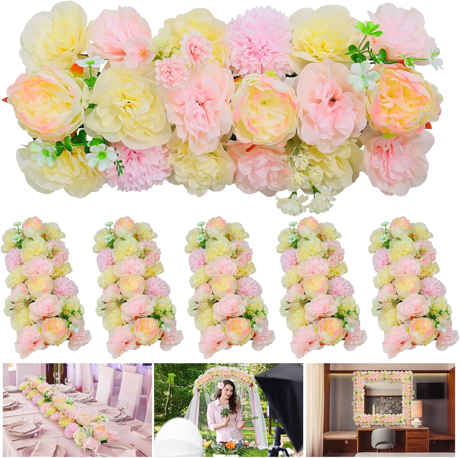 Wedding Arch Artificial Flower Panels - 6Pack Faux Floral Swags Rose Silk Peony Wall Roses Realistic Arch Arrangement for Romantic Wedding Wall Reception Ceremony Welcome Sign Decoration-Pink & Yellow