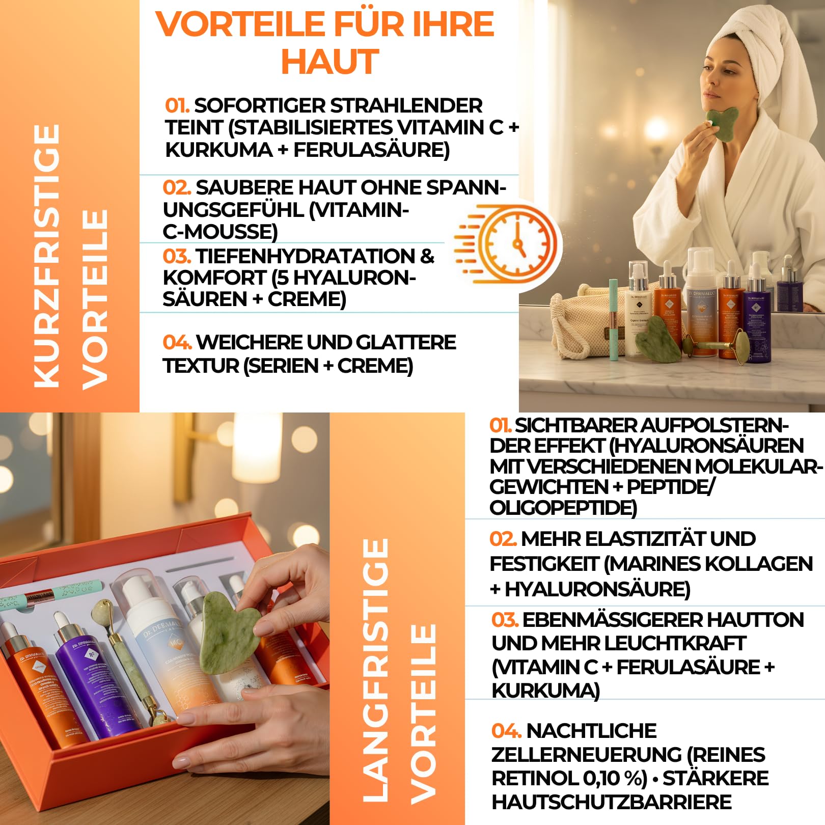 Dr. Dermaluci Lab Anti-Aging Geschenkset - Dermatologisch & Nickel Getestet, AIAB Bio - Pflegeroutine mit Vitamin C Serum, 5 Hyaluronsäuren, Retinol 0,1% & Kollagencreme + Jade Roller&Gua Sha