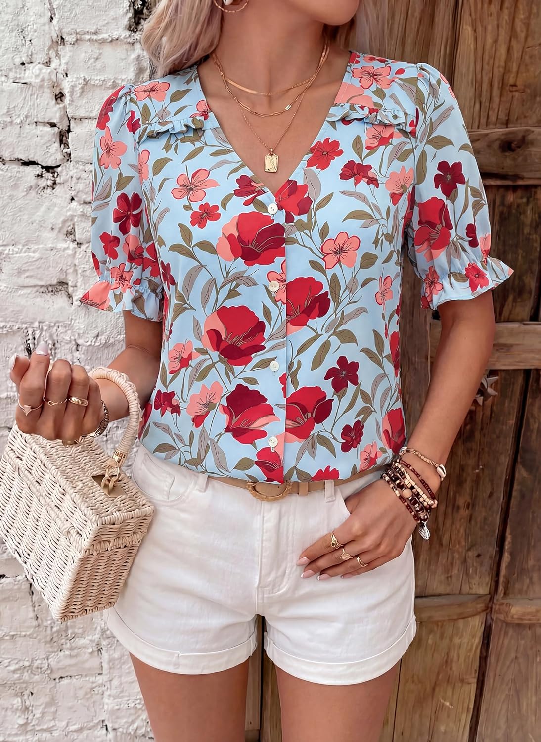 PRETTYGARDEN Womens Boho Tops Summer 2026 V Neck Puff Sleeve Casual Button Down Ruffle Floral Blouses Shirts Work Clothes - Image 3