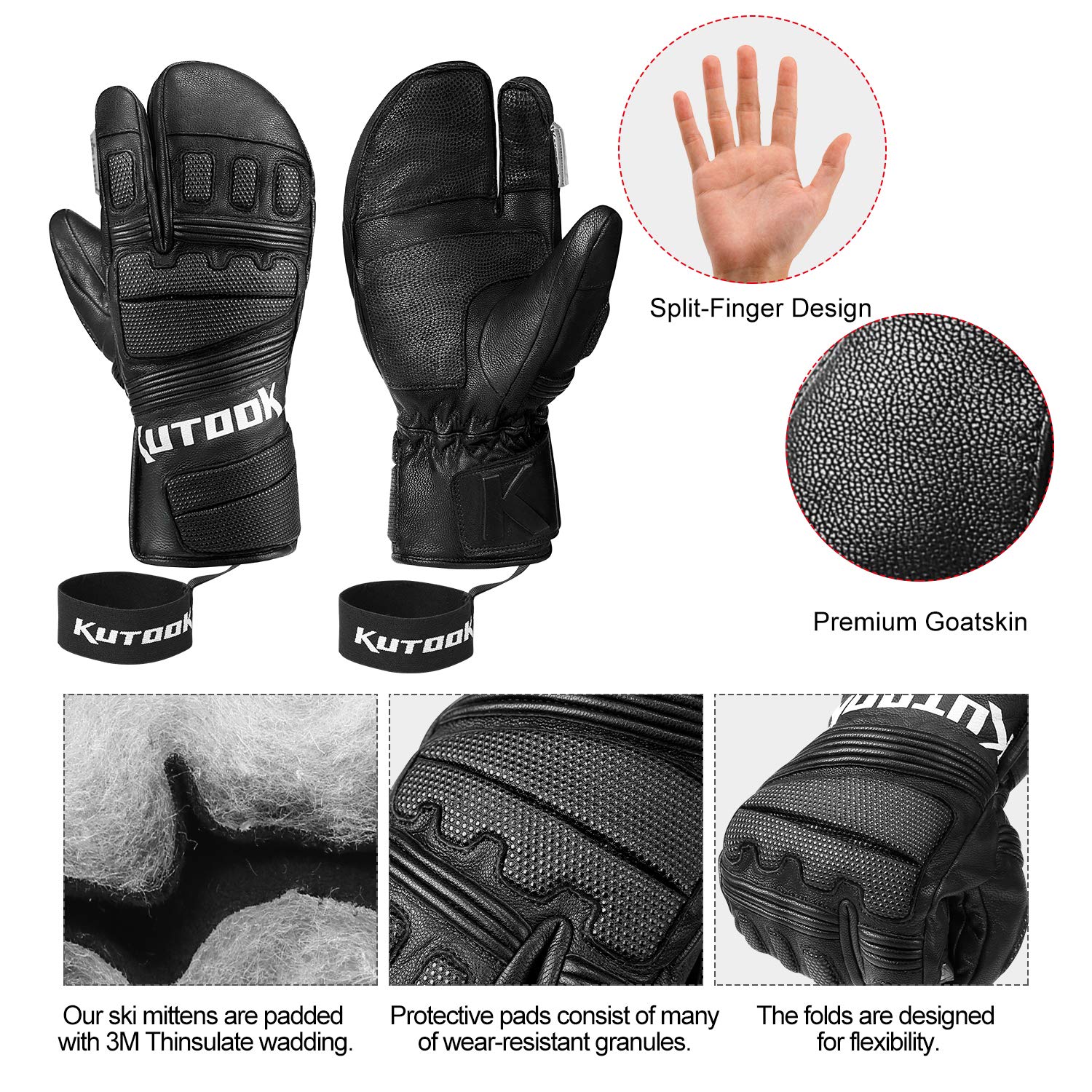 KUTOOK Guanti da Sci e Snowboard Professionale Impermeabili Antivento e Resistente per Sport Invernali da Uomo