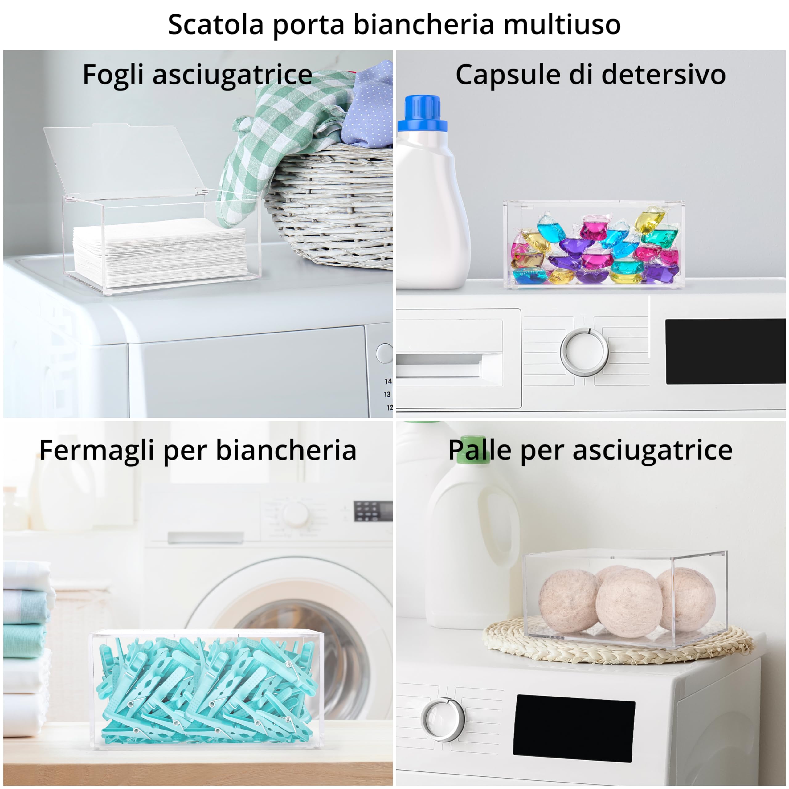 Winter Shore Scatola Organizer Foglietti Asciugatrice - Scatola con Coperchio in Acrilico per Lavanderia, Porta Mollette, Palline Asciugatrice, Capsule - Contenitori Acrilico Capacità Massima 1,8 L
