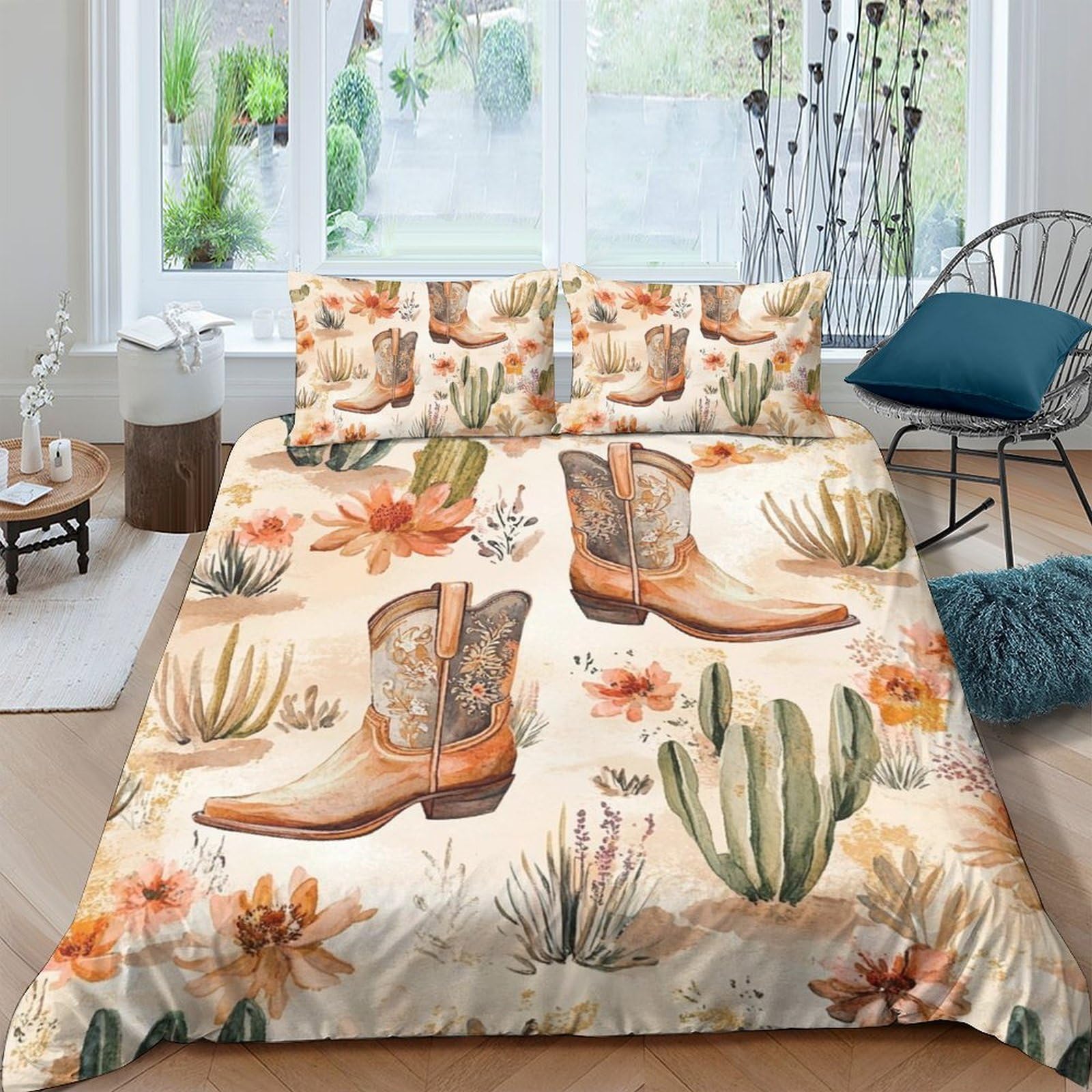 P5V6M1Q9 3D Printed Western Cowboy Boots Duvet Cover Microfiber Soft Breathable Desert Cactus Bedding Set with 2 Pillowcases for Bedroom Decor Single（135x200cm）
