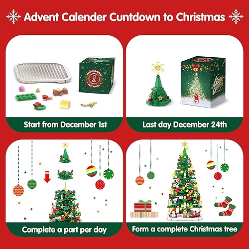 Miniatura 3 de Calendario de Adviento 2024, juego de juguetes de construcción de árbol de Navidad con luz LED, calendario de cuenta regresiva de Navidad de 1066