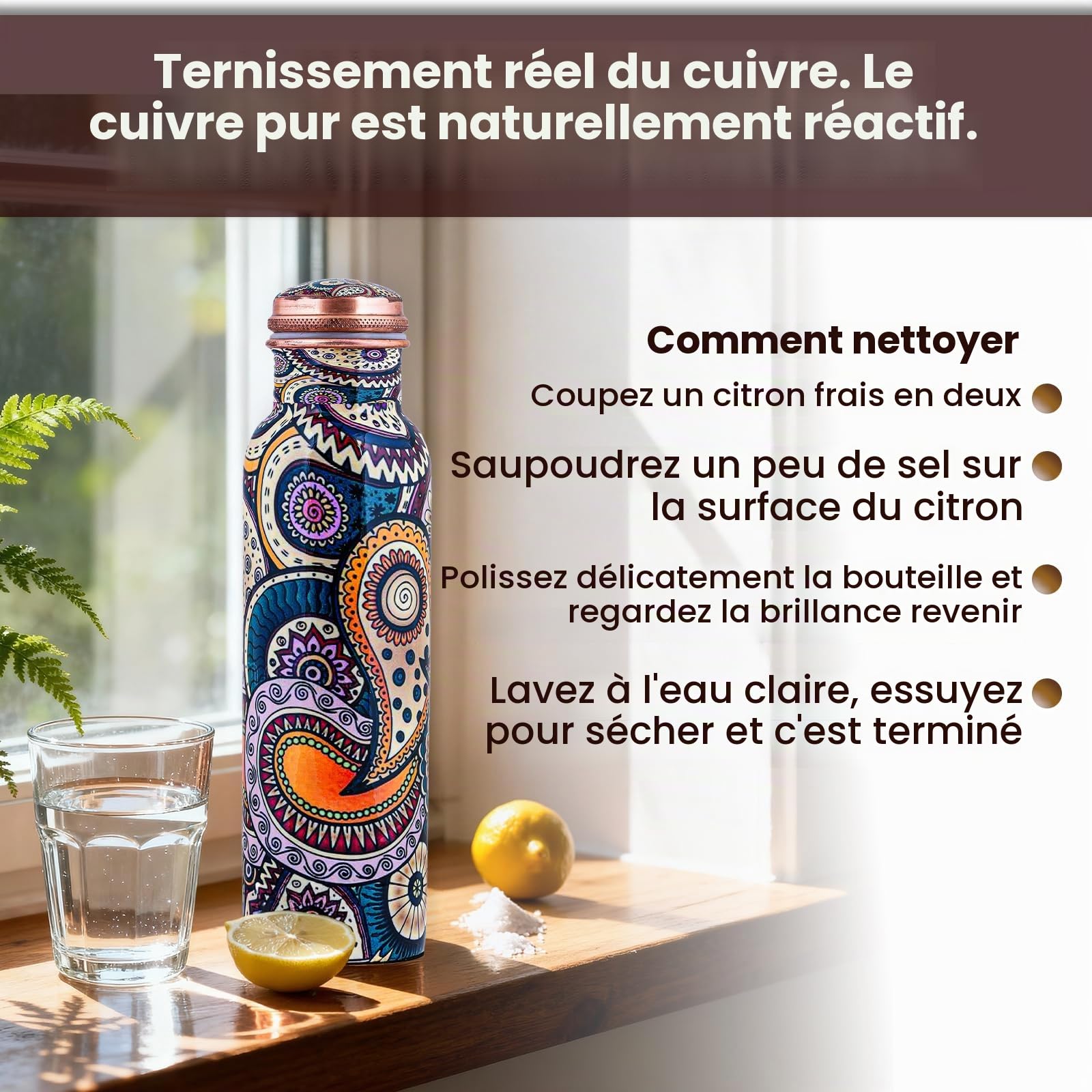 Bouteille en cuivre imprimée couvercle et sac de transport sans BPA anti-fuite renforce l'immunité soutient la digestion inspiré de l'Ayurveda 963,9 g
