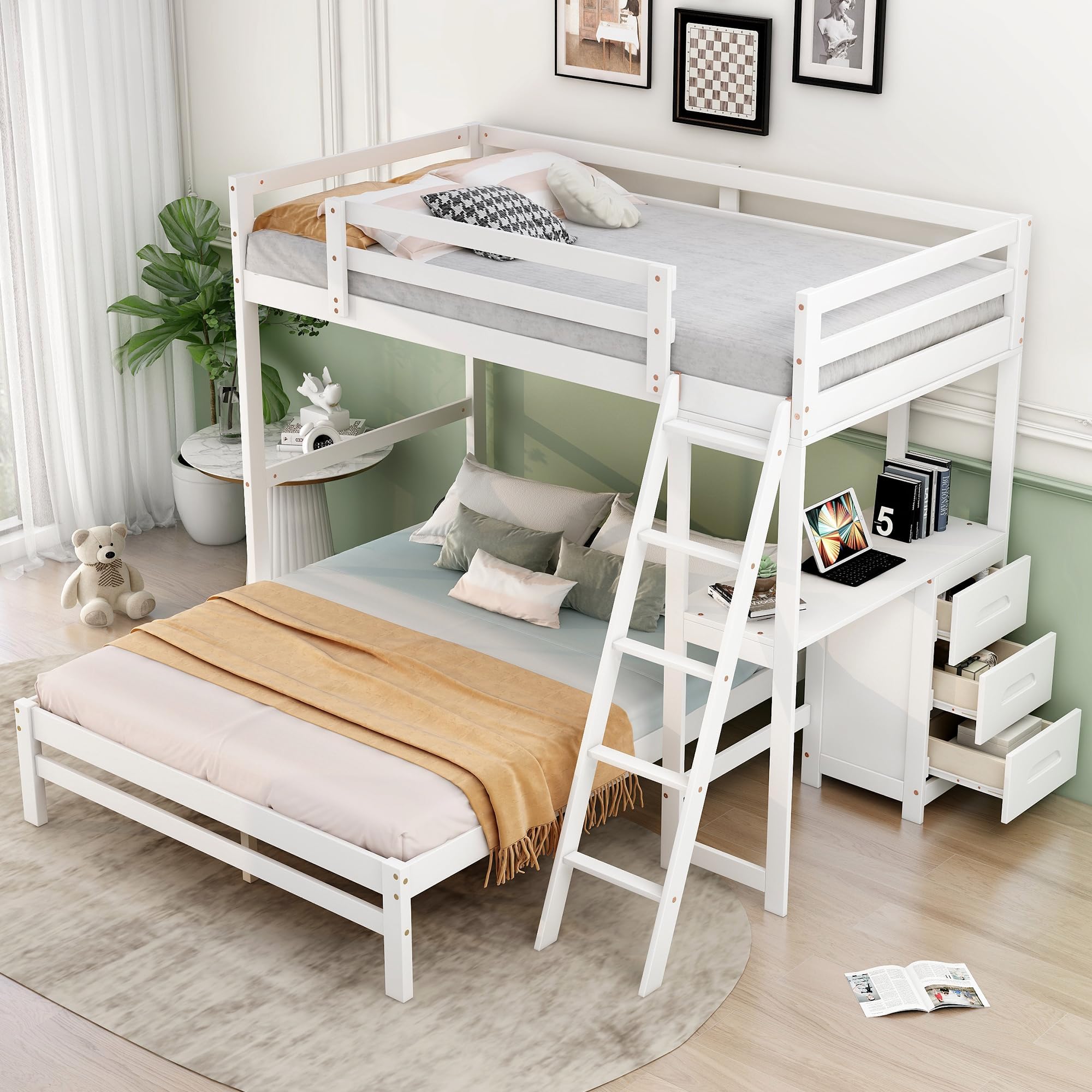 Twin Over Full Bunk Bed with Built-in Desk and Three Drawers, Wooden Separated High Loftbed and Platform Bedframe, for Kids Teens Adults Bedroom, White
