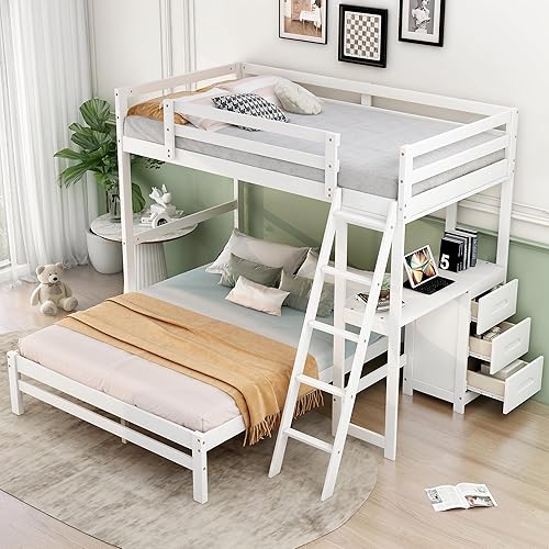 Miniatura 340 de Versatility - Litera individual sobre individual con escritorio y armario integrados, cama alta de madera maciza y plataforma independiente con