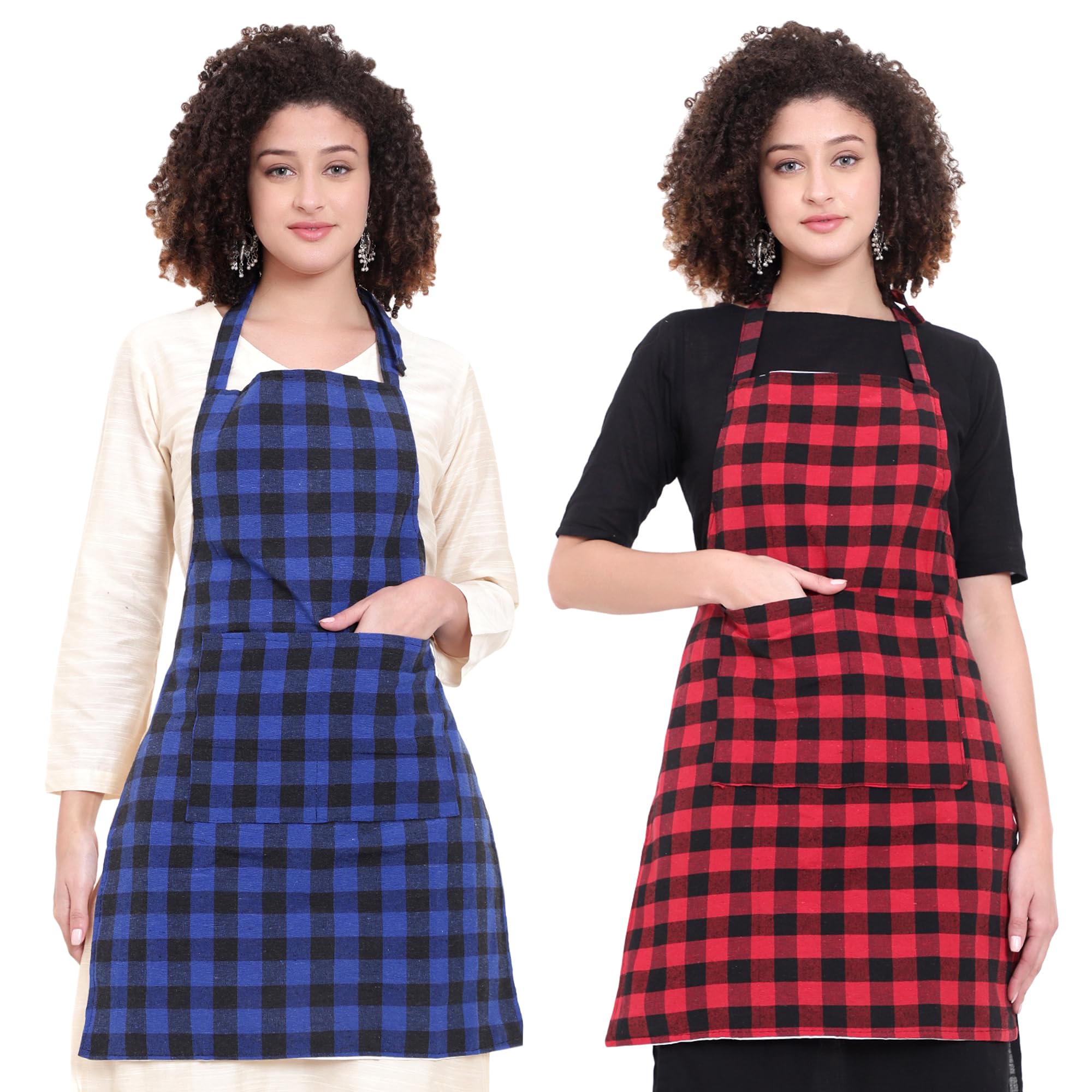 GLUN® Delantal de cocina unisex a cuadros azules y blancos, parte trasera impermeable con bolsillo central y cuello ajustable