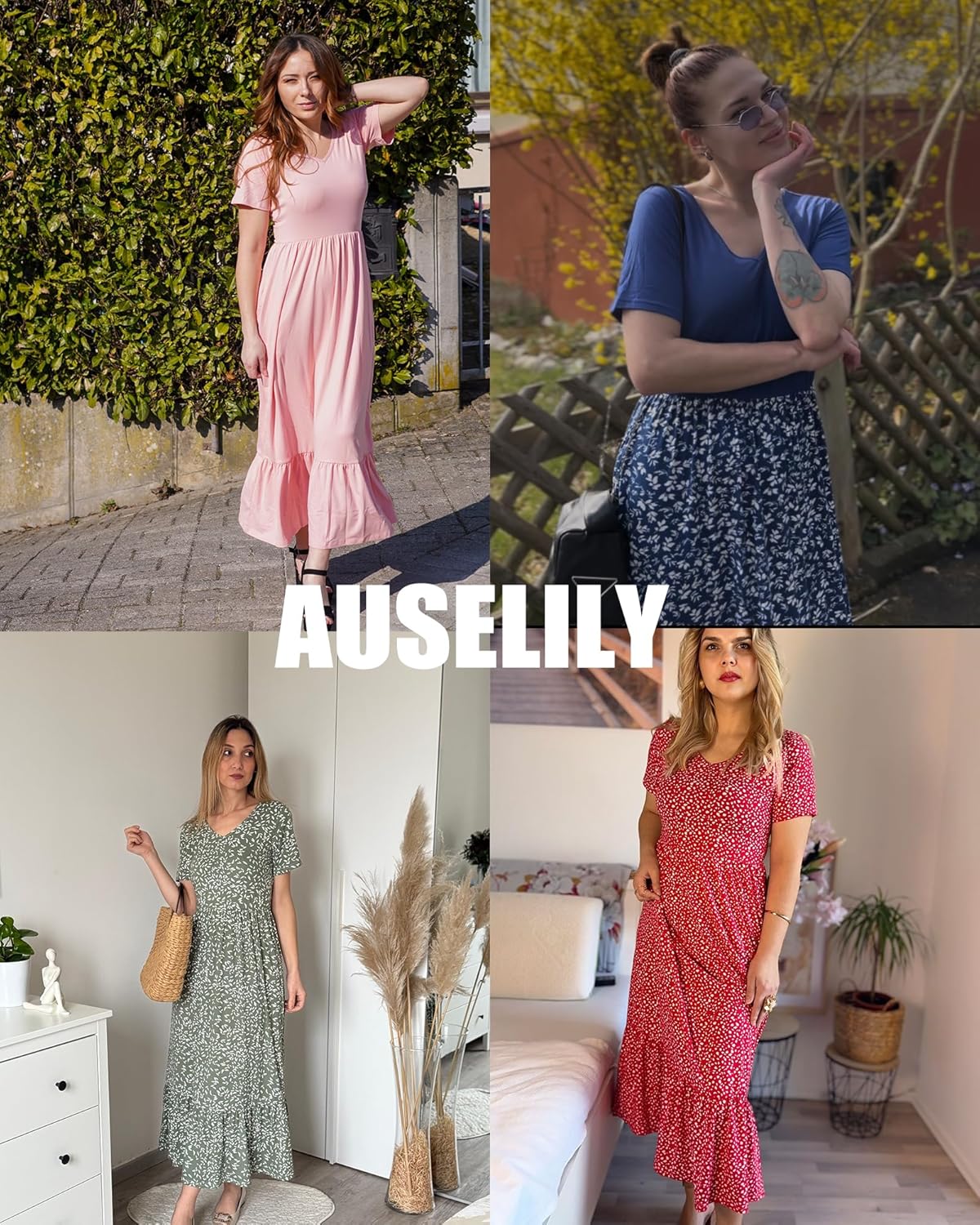 AUSELILY Summer Dresses Women 2025 Flowy Short Sleeve Maxi Dress V Neck Casual Tiered Sundress with Pockets - Image 6