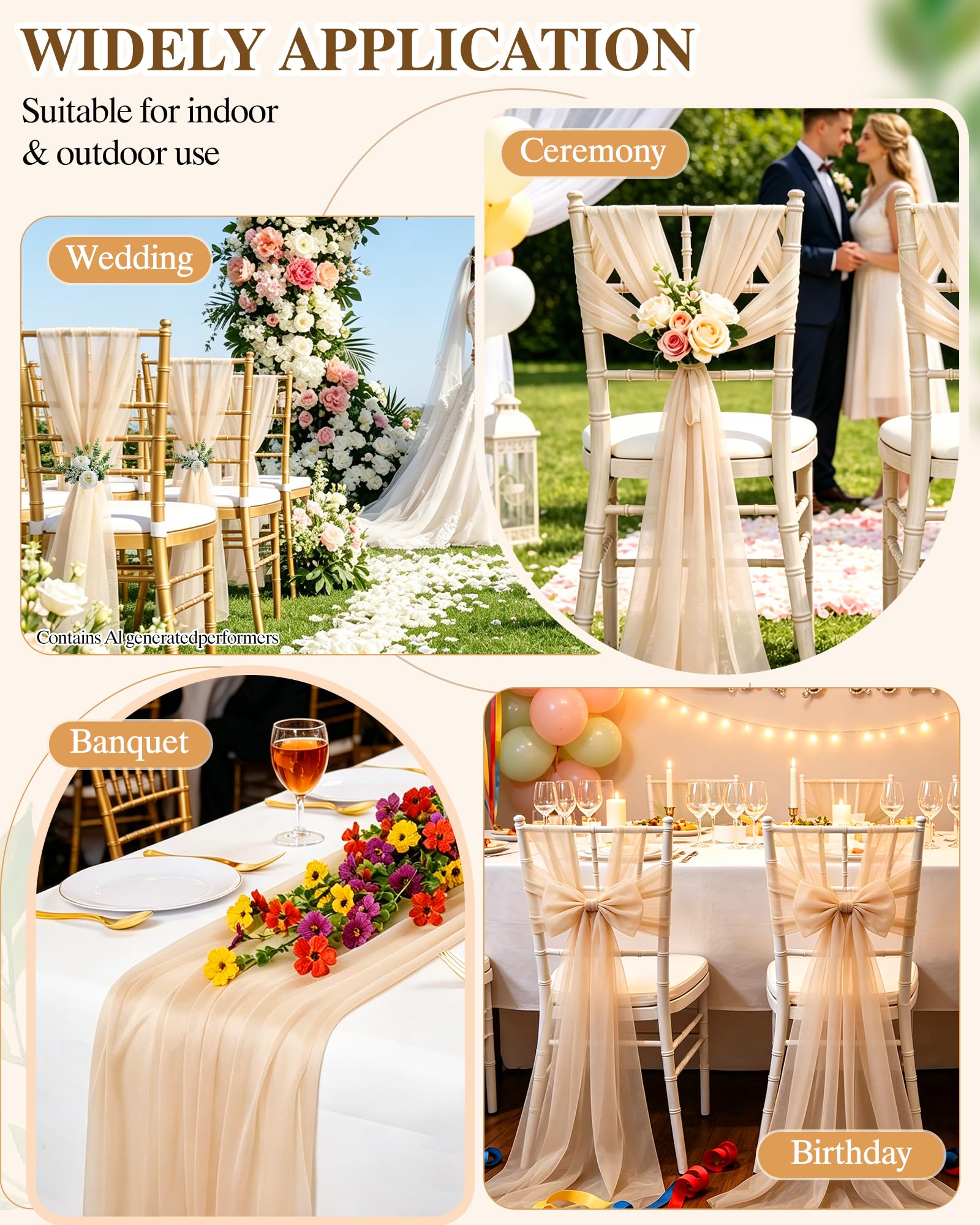 24 Pack Chair Sashes Sheer Chiffon Chair Bows Chair Cover Back Tie Drapes Decor for Bridal Wedding Aisle Ceremony Church Banquet (20*275cm, Champagne)