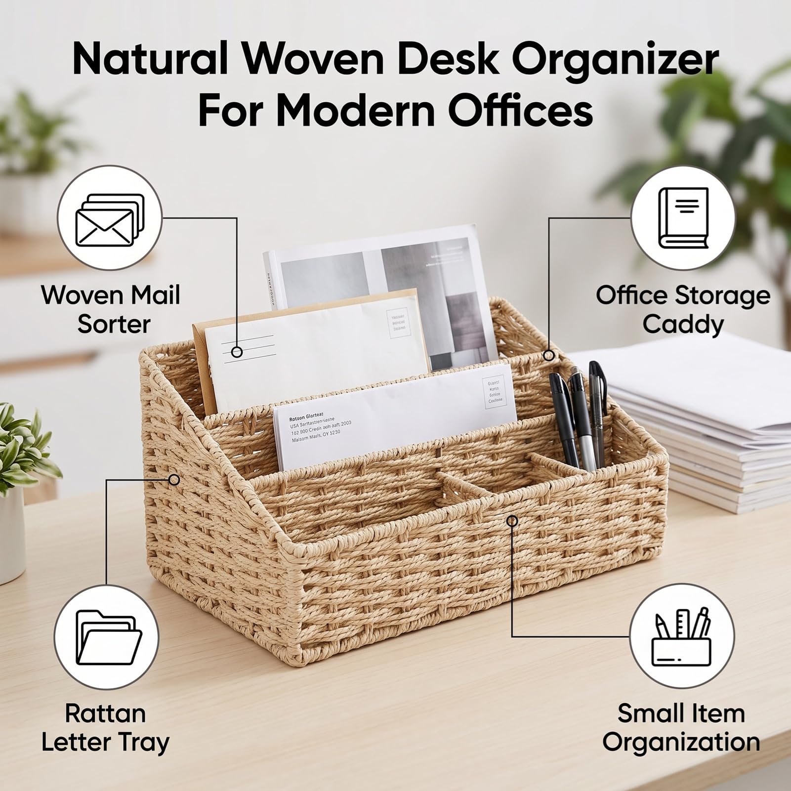 Luocute 2 Stück Gewebter Brief-Organizer, Schreibtisch-Aktenhalter, Papierfaser-Eisenrahmen (Beige)