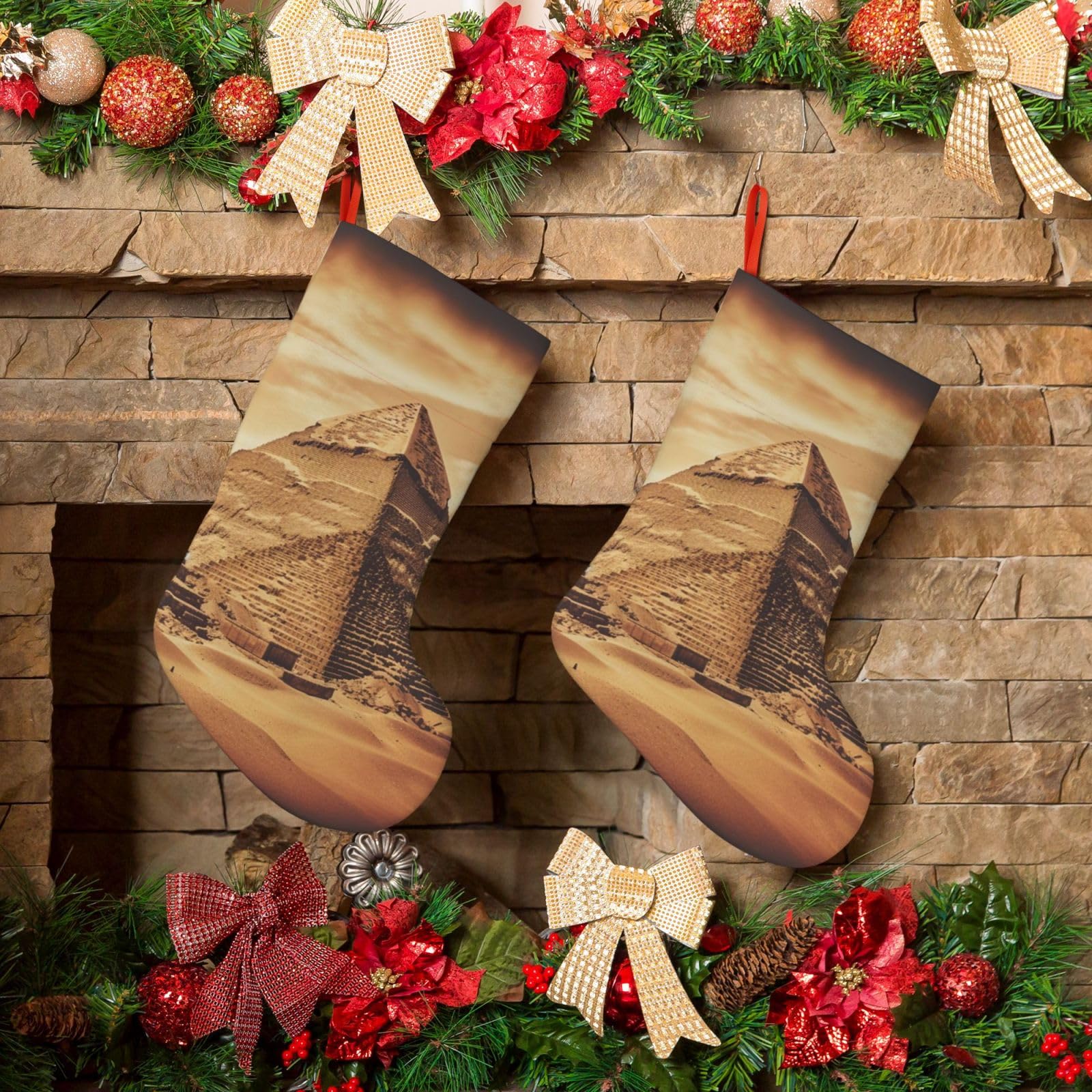 Fodpand Boys Black Vintage Great Egyptian Pyramid Christmas Stockings Hanging Ornaments For Holiday Decor, 18 Inches Velvet Fireplace Hanging Xmas Stocking, Candy Gift Bags For Christmas Decorations