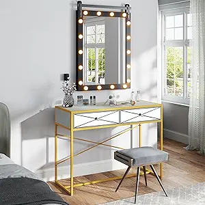 DWVO Makeup Vanity Desk with Large Mirror and Lights, Makeup Vanity with 2 Drawers, Dresser Table, Makeup Vanity with Led Lighted Mirror in 3 Colors, for Bedroom