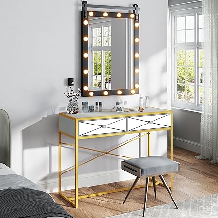 DWVO Makeup Vanity Desk with Large Mirror and Lights, Makeup Vanity with 2 Drawers, Dresser Table, Makeup Vanity with Led Lighted Mirror in 3 Colors, for Bedroom